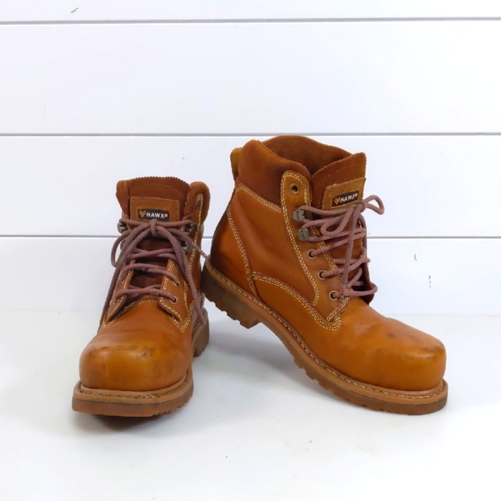Hawx Men's‎ Leather Size 9B Brown Steel Toed Work Boots GUC
